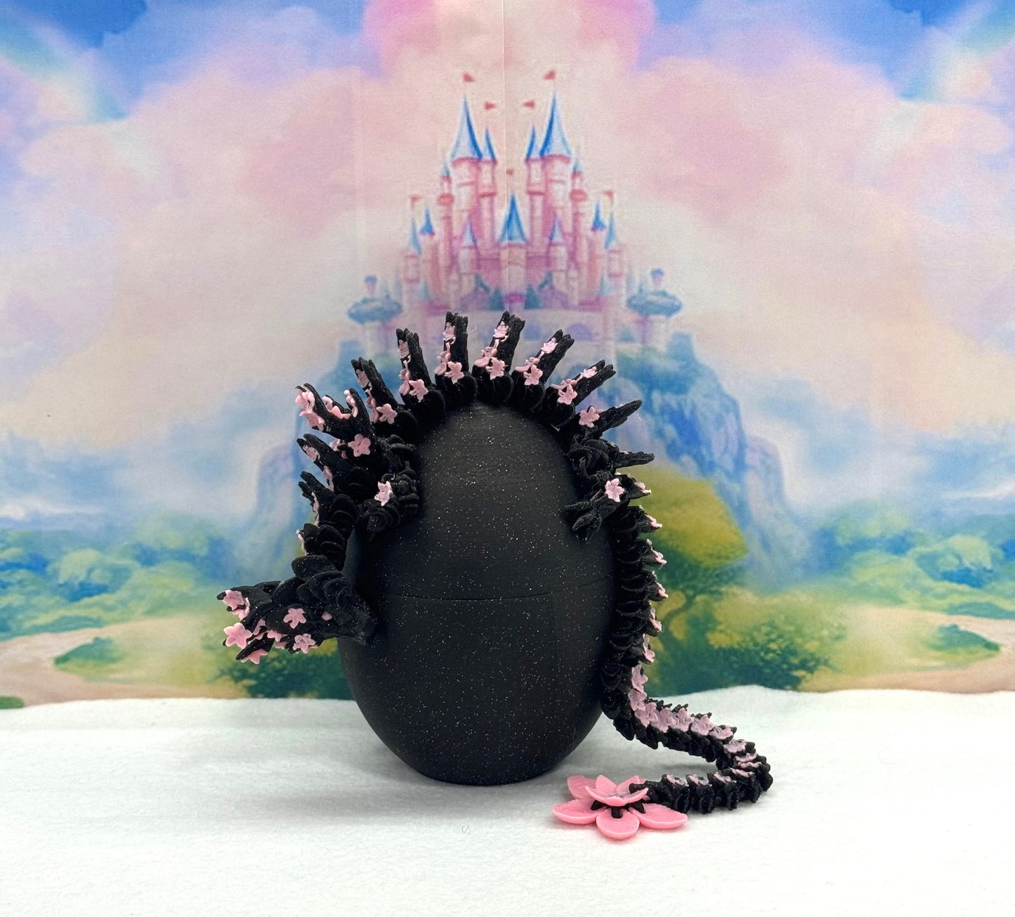 3D Printed Dragon with Dragon Egg, Articulated Dragon, 12" Black and Pink Cherry Blossom Dragon, Fidget Sensory Toy, Flexible ADHD, Autism, Relief Anxiety D028-CLS