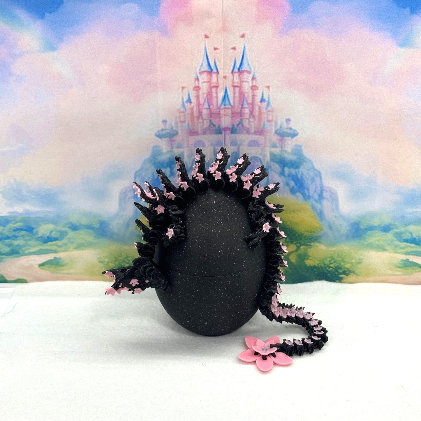 3D Printed Dragon with Dragon Egg, Articulated Dragon, 12" Black and Pink Cherry Blossom Dragon, Fidget Sensory Toy, Flexible ADHD, Autism, Relief Anxiety D028-CLS