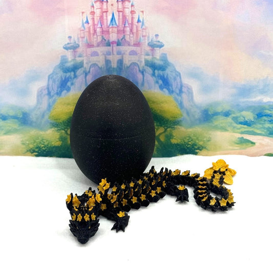 3D Printed Dragon with Dragon Egg, Articulated Dragon, 12" Black and Gold Cherry Blossom Dragon, Fidget Sensory Toy, Flexible ADHD, Autism, Relief Anxiety D043-CLS