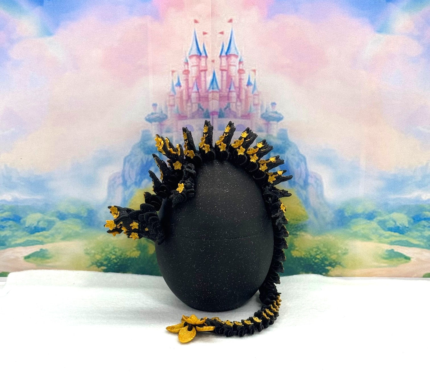 3D Printed Dragon with Dragon Egg, Articulated Dragon, 12" Black and Gold Cherry Blossom Dragon, Fidget Sensory Toy, Flexible ADHD, Autism, Relief Anxiety D043-CLS