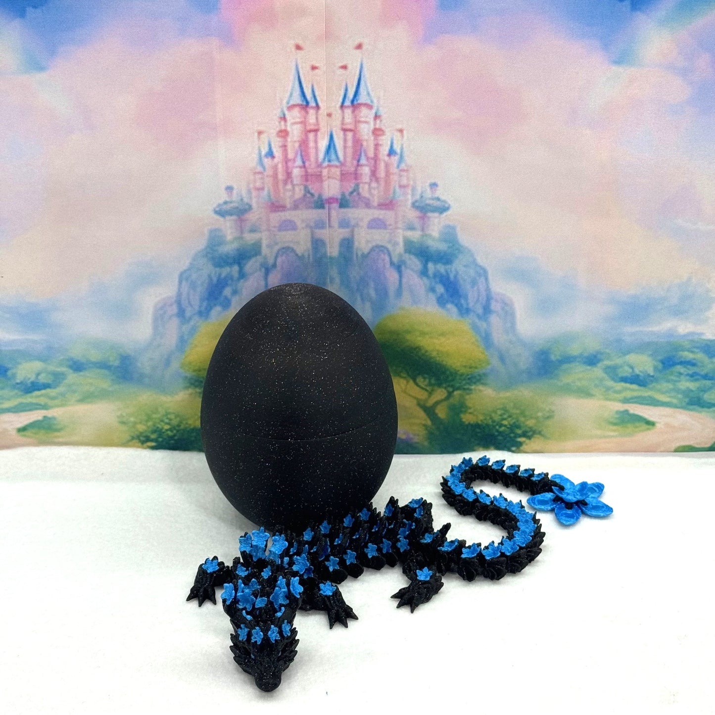 3D Printed Dragon with Dragon Egg, 12 Inches Articulated Dragon, Black and Blue Cherry Blossom Dragon, Fidget ADHD Autism Toy, Relief Anxiety Dragon Toy D053-CLS