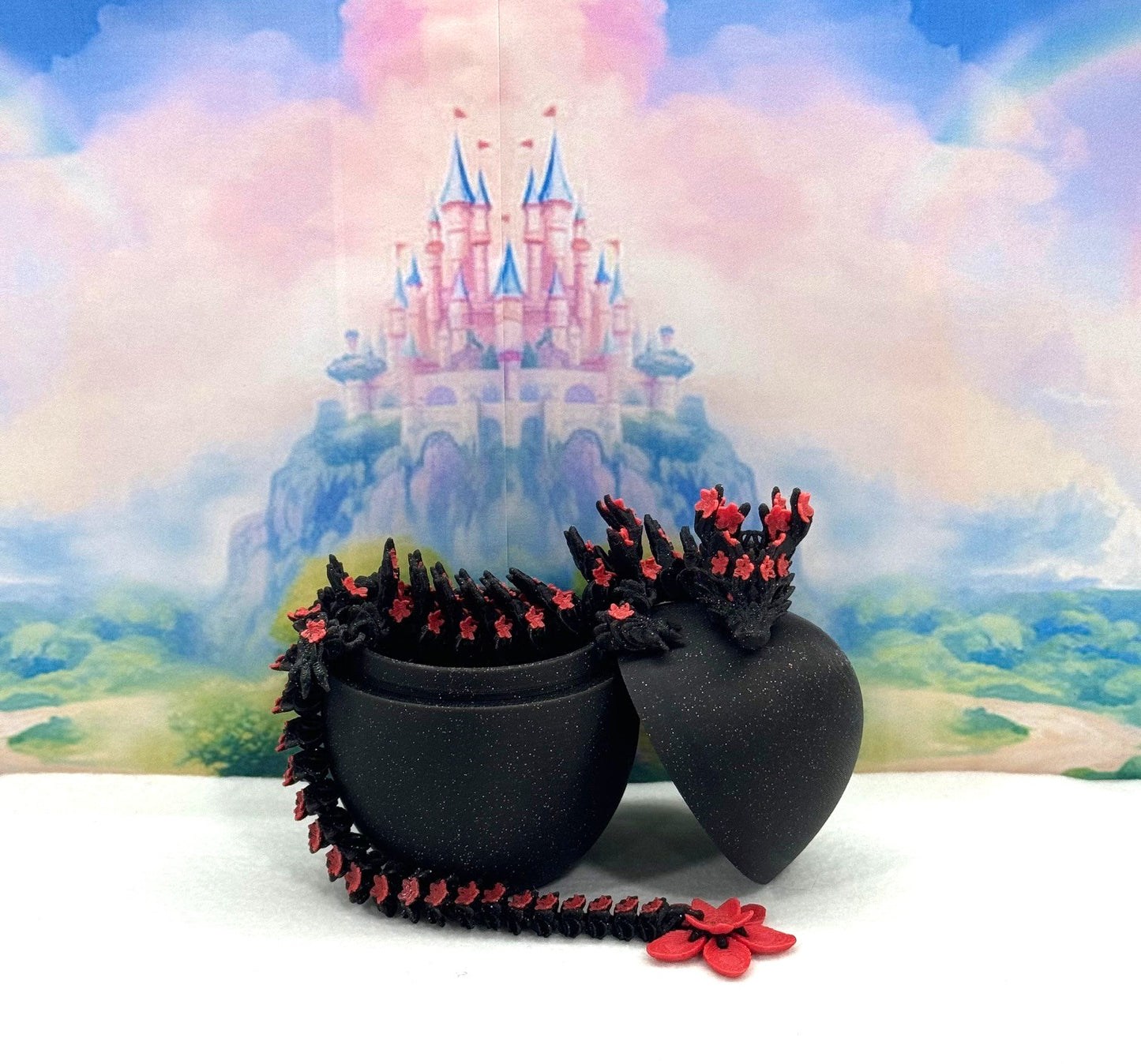 3D Printed Dragon with Dragon Egg, Articulated Dragon, 12" Black and Pink Cherry Blossom Dragon, Fidget Sensory Toy, Flexible ADHD, Autism, Relief Anxiety D020-CLS