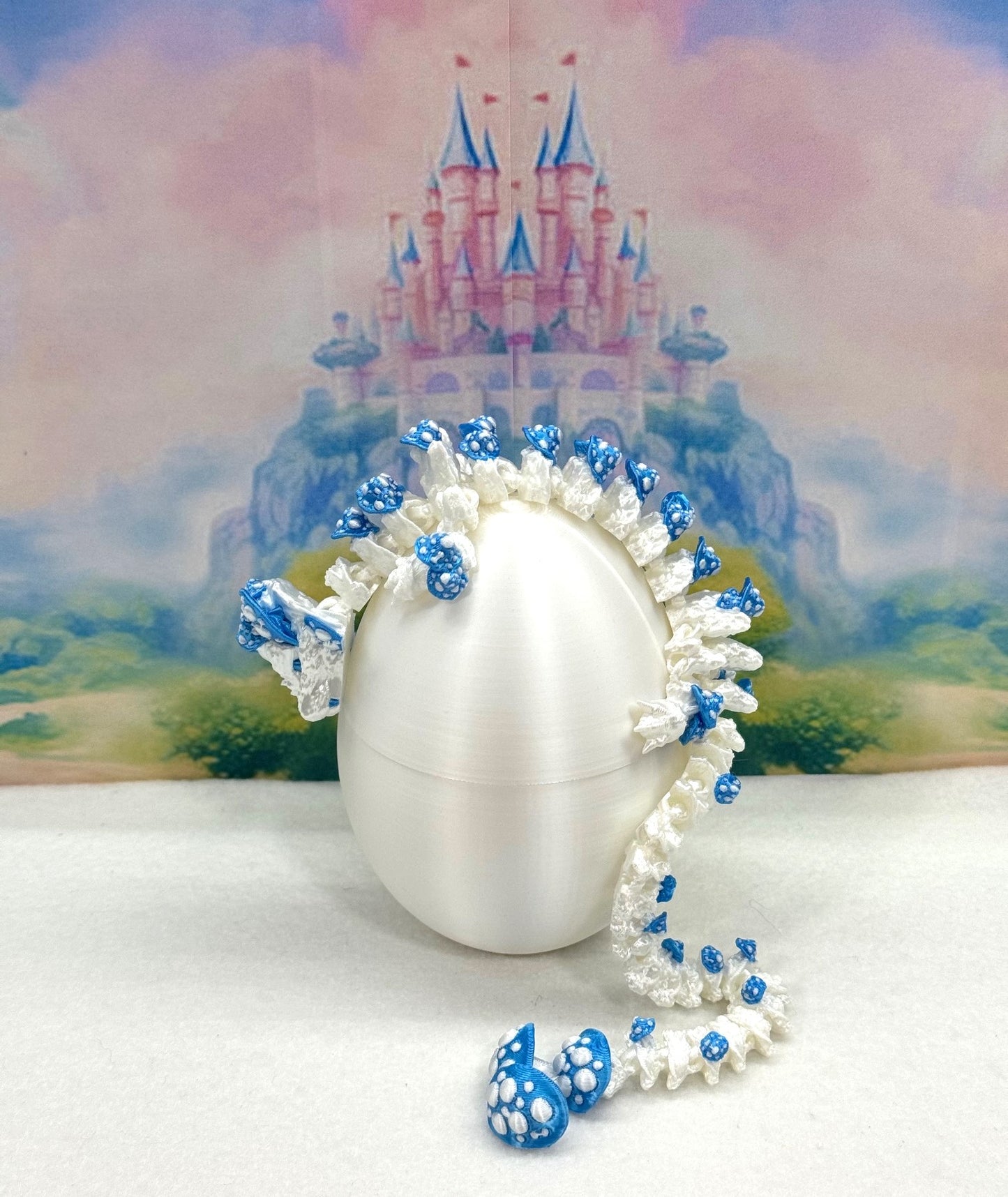 3D Printed Dragon with Dragon Egg , 12" Articulated White and Blue Mushroom Dragon, Fidget Anxiety Toy, Executive Desk Toy D046WB-CLS