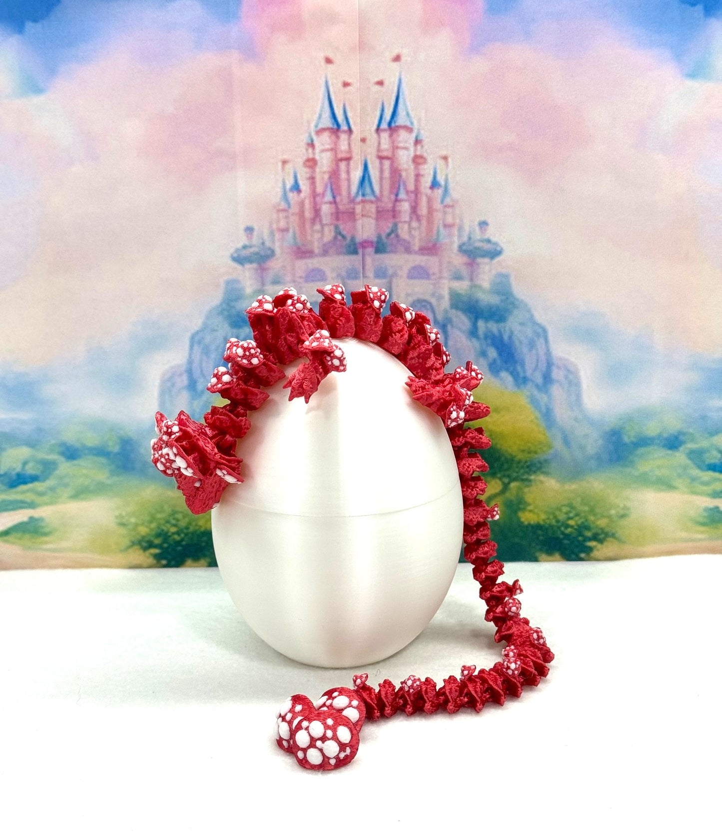 3D Printed Dragon with Dragon Egg, 12" Red and White Mushroom Dragon, Fidget ADHD Autism Toy, Executive Desk Toy D037-CLS