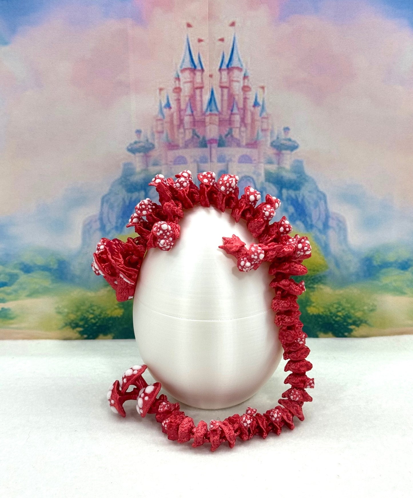 3D Printed Dragon with Dragon Egg, 12" Red and White Mushroom Dragon, Fidget ADHD Autism Toy, Executive Desk Toy D037-CLS