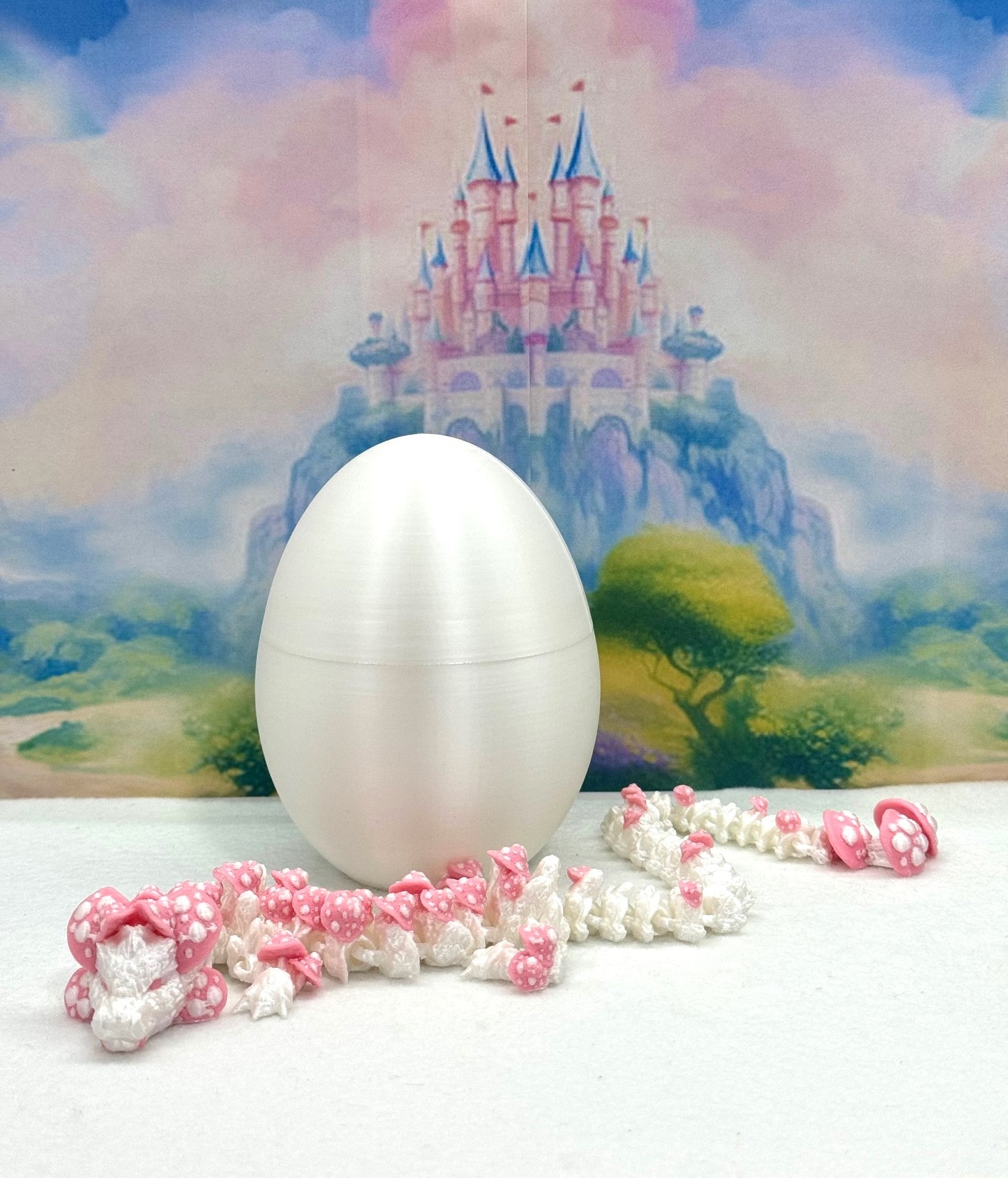 3D Printed Dragon with Dragon Egg , 12" Articulated White and Pink Mushroom Dragon, Fidget Anxiety Toy, Executive Desk Toy D046WP-CLS