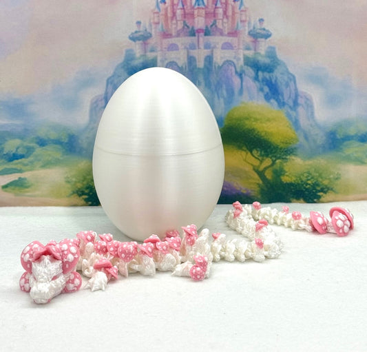 3D Printed Dragon with Dragon Egg , 12" Articulated White and Pink Mushroom Dragon, Fidget Anxiety Toy, Executive Desk Toy D046WP-CLS