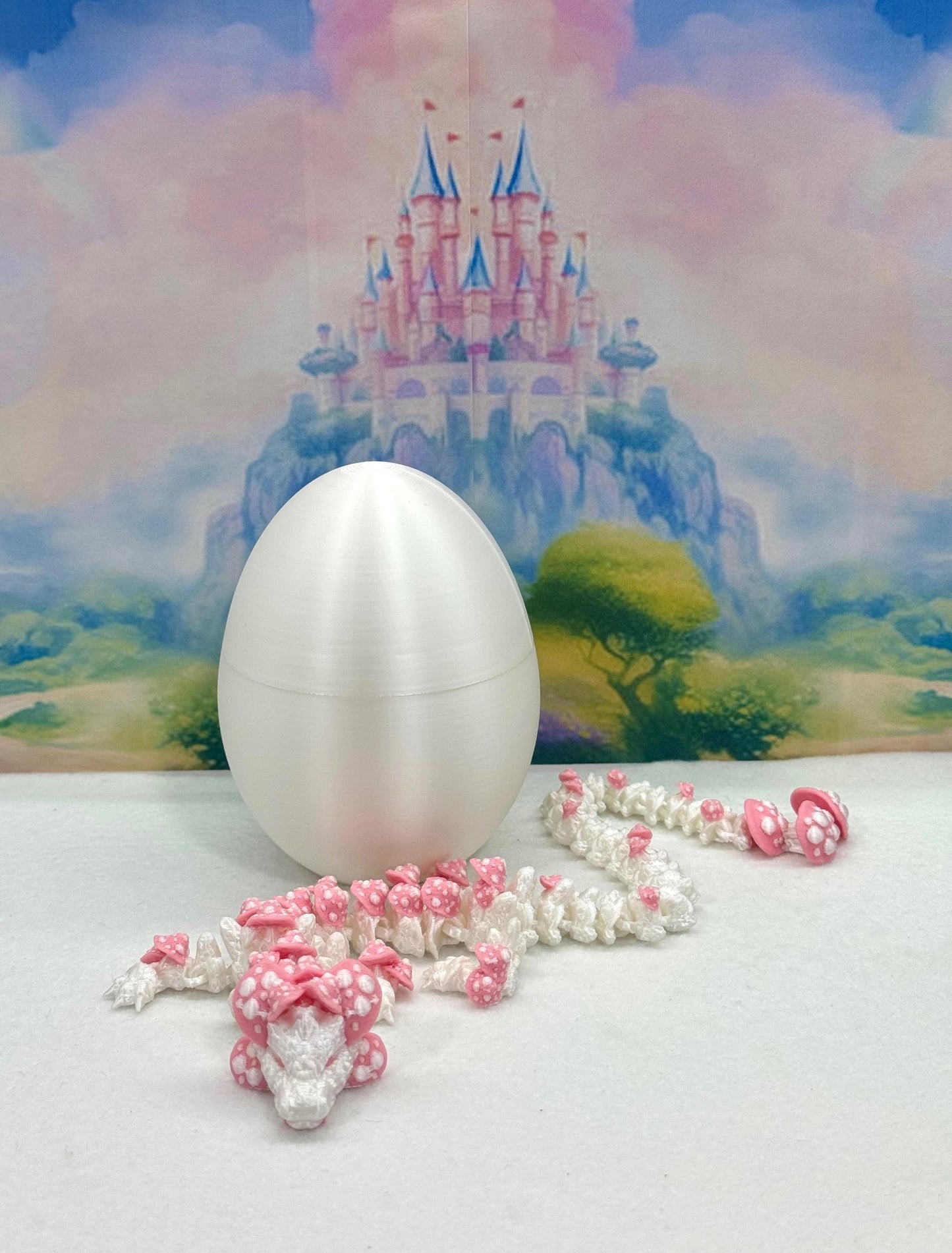 3D Printed Dragon with Dragon Egg , 12" Articulated White and Pink Mushroom Dragon, Fidget Anxiety Toy, Executive Desk Toy D046WP-CLS