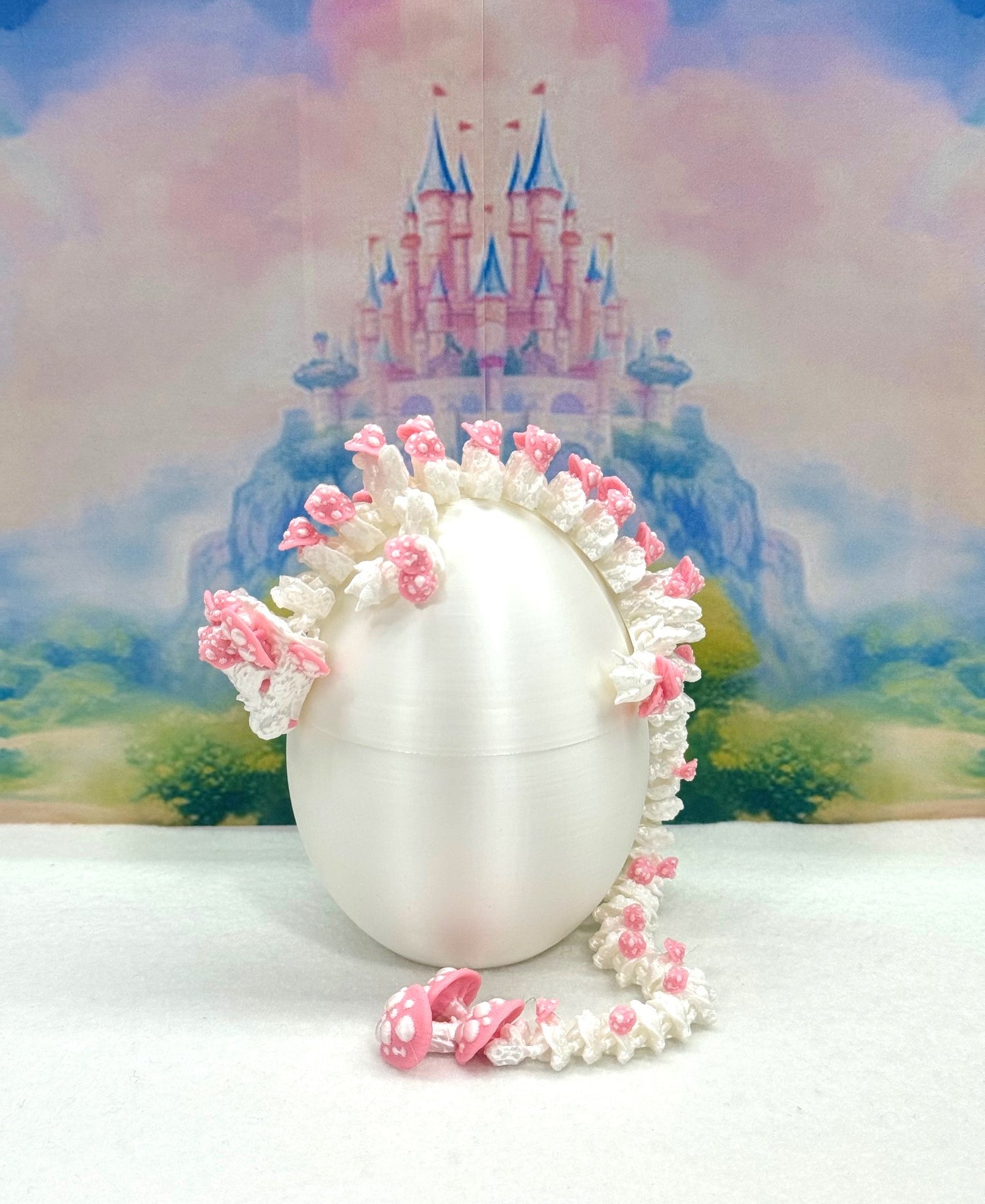 3D Printed Dragon with Dragon Egg , 12" Articulated White and Pink Mushroom Dragon, Fidget Anxiety Toy, Executive Desk Toy D046WP-CLS