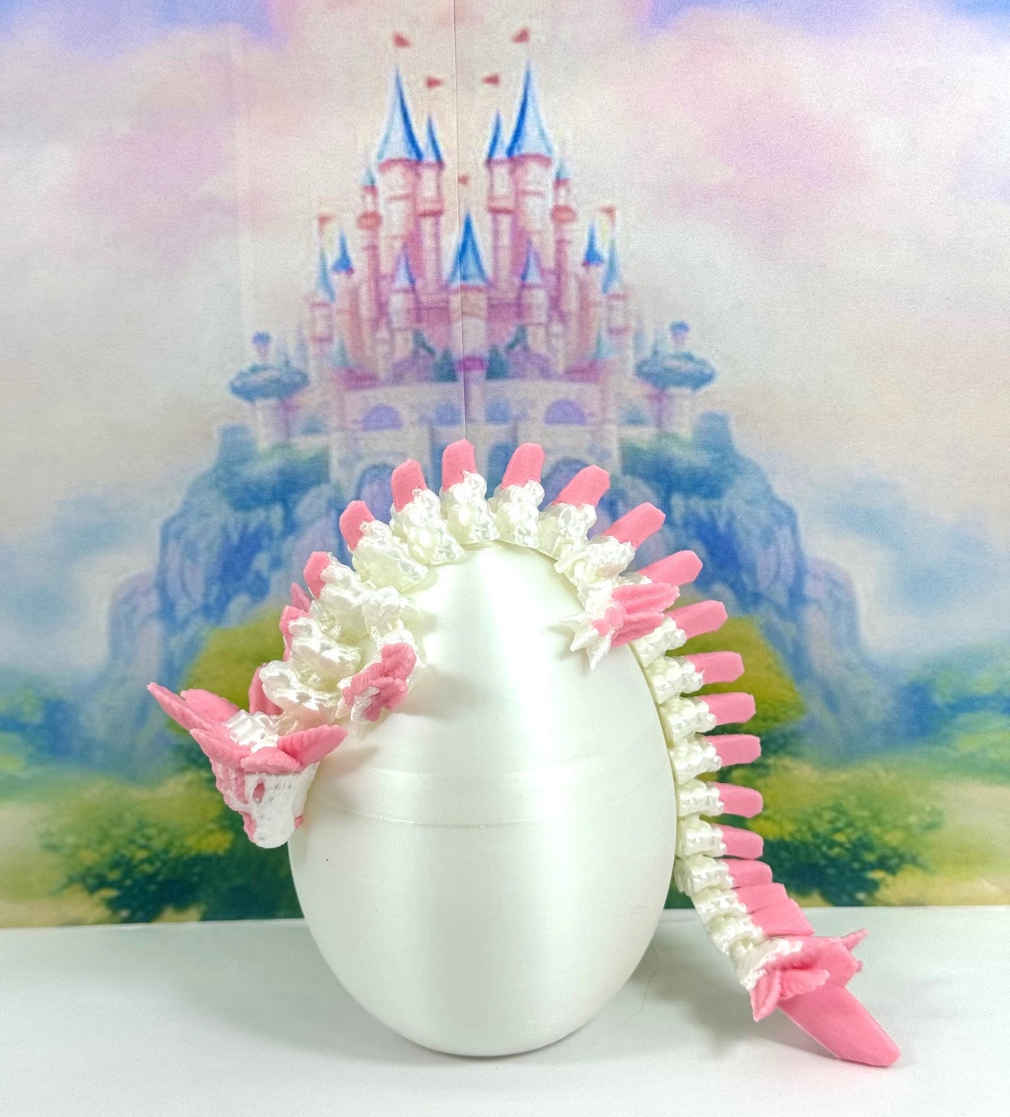 3D Printed Dragon with Dragon Egg, 8.25" Articulated Axolotl Dragon, White and Pink Axolotl Dragon, Fidget ADHD Autism Toy D041WP-WE