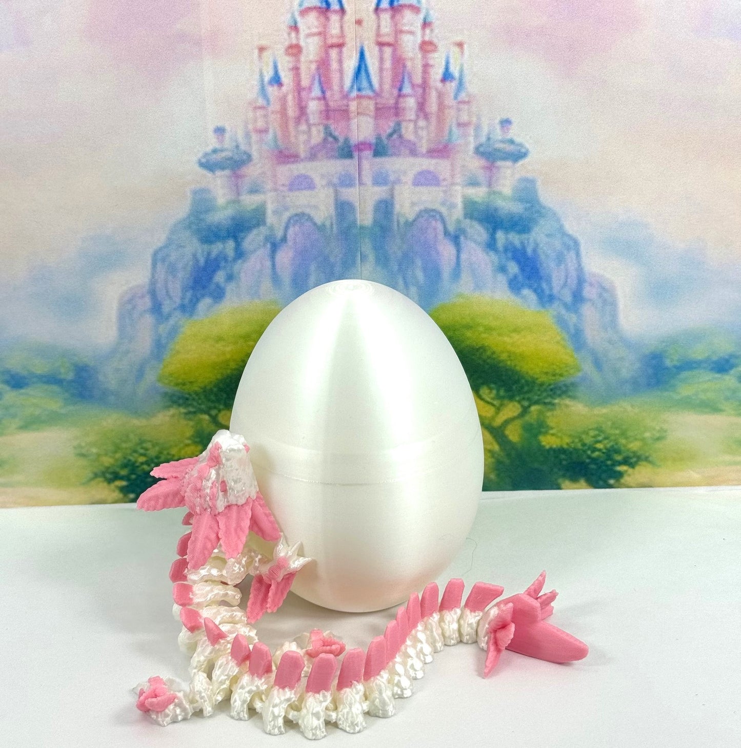 3D Printed Dragon with Dragon Egg, 8.25" Articulated Axolotl Dragon, White and Pink Axolotl Dragon, Fidget ADHD Autism Toy D041WP-WE