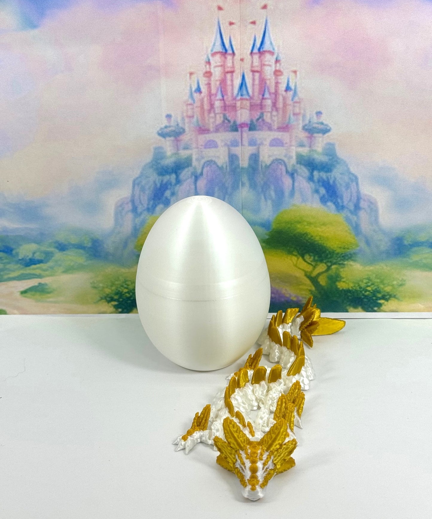 3D Printed Dragon with Dragon Egg, 8.25" Articulated Axolotl Dragon, White and Gold Axolotl Dragon, Fidget ADHD Autism Toy D042-WE