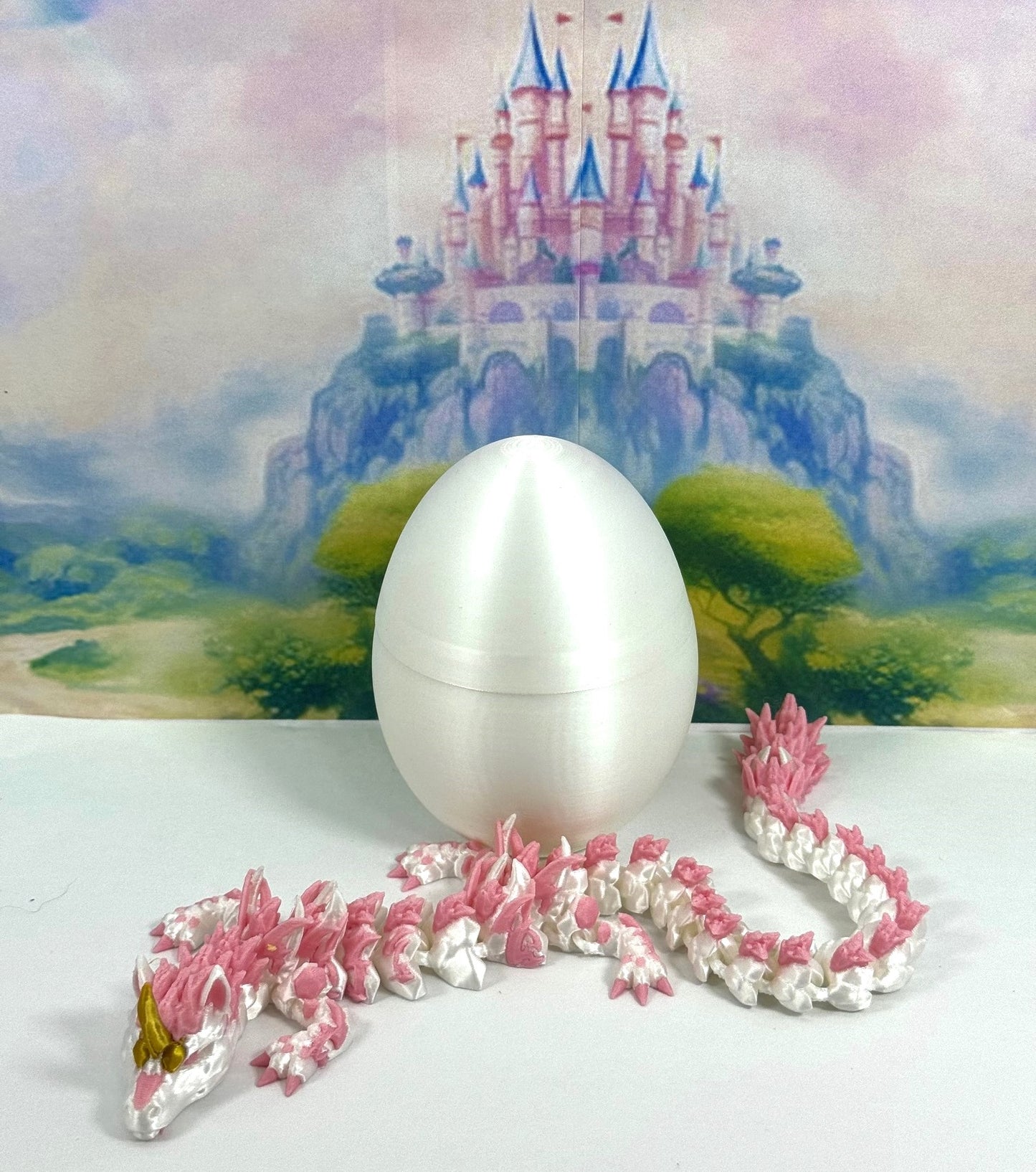 3D Printed Dragon with Dragon Egg, 12" Articulated Unicorn Dragon, White and Pink Unicorn Dragon, Fidget ADHD Autism Toy D051-WE