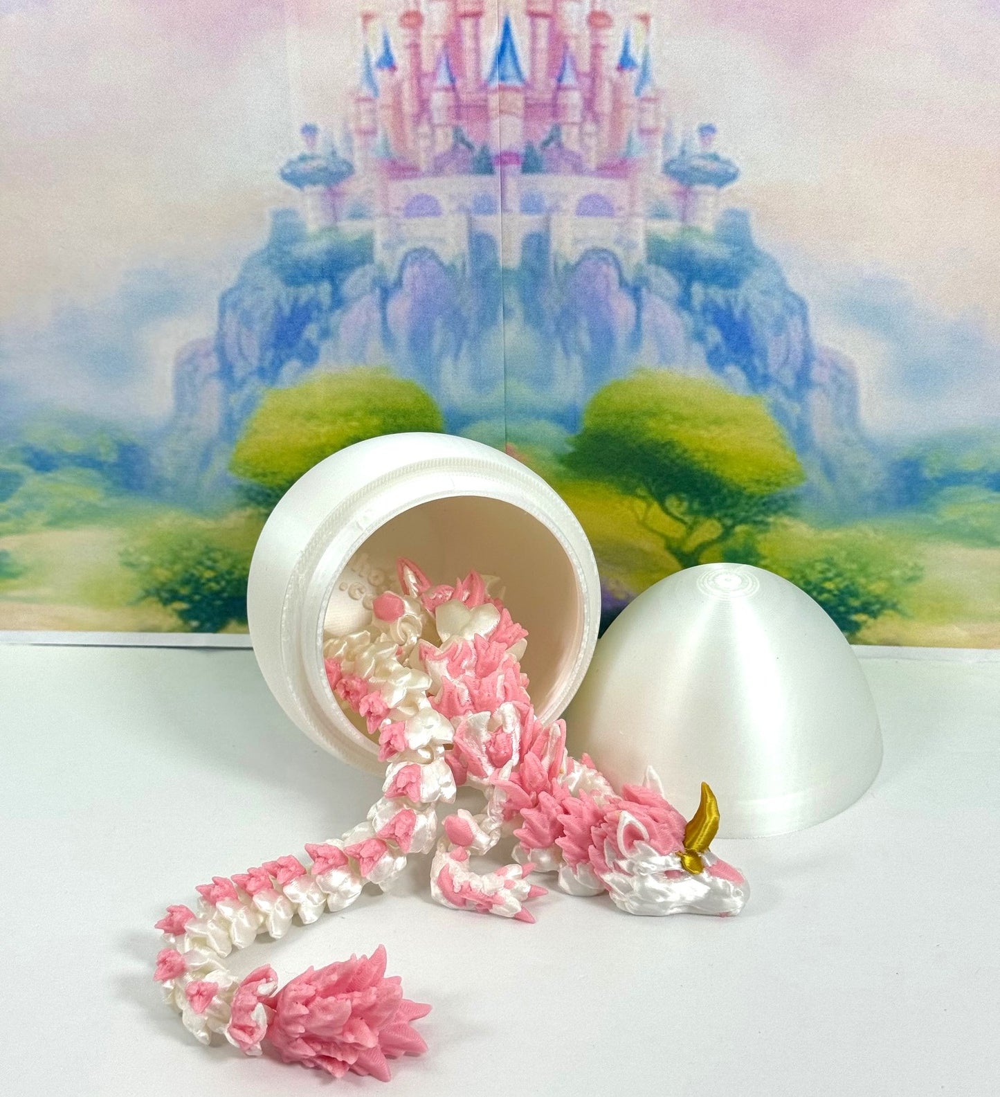 3D Printed Dragon with Dragon Egg, 12" Articulated Unicorn Dragon, White and Pink Unicorn Dragon, Fidget ADHD Autism Toy D051-WE