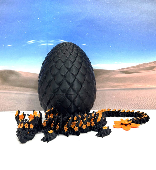 3D Printed Dragon with Dragon Egg, 12 Inches Black and Orange Cherry Blossom with Dragon Egg, Fidget ADHD Autism Sensory Toy D064-BE