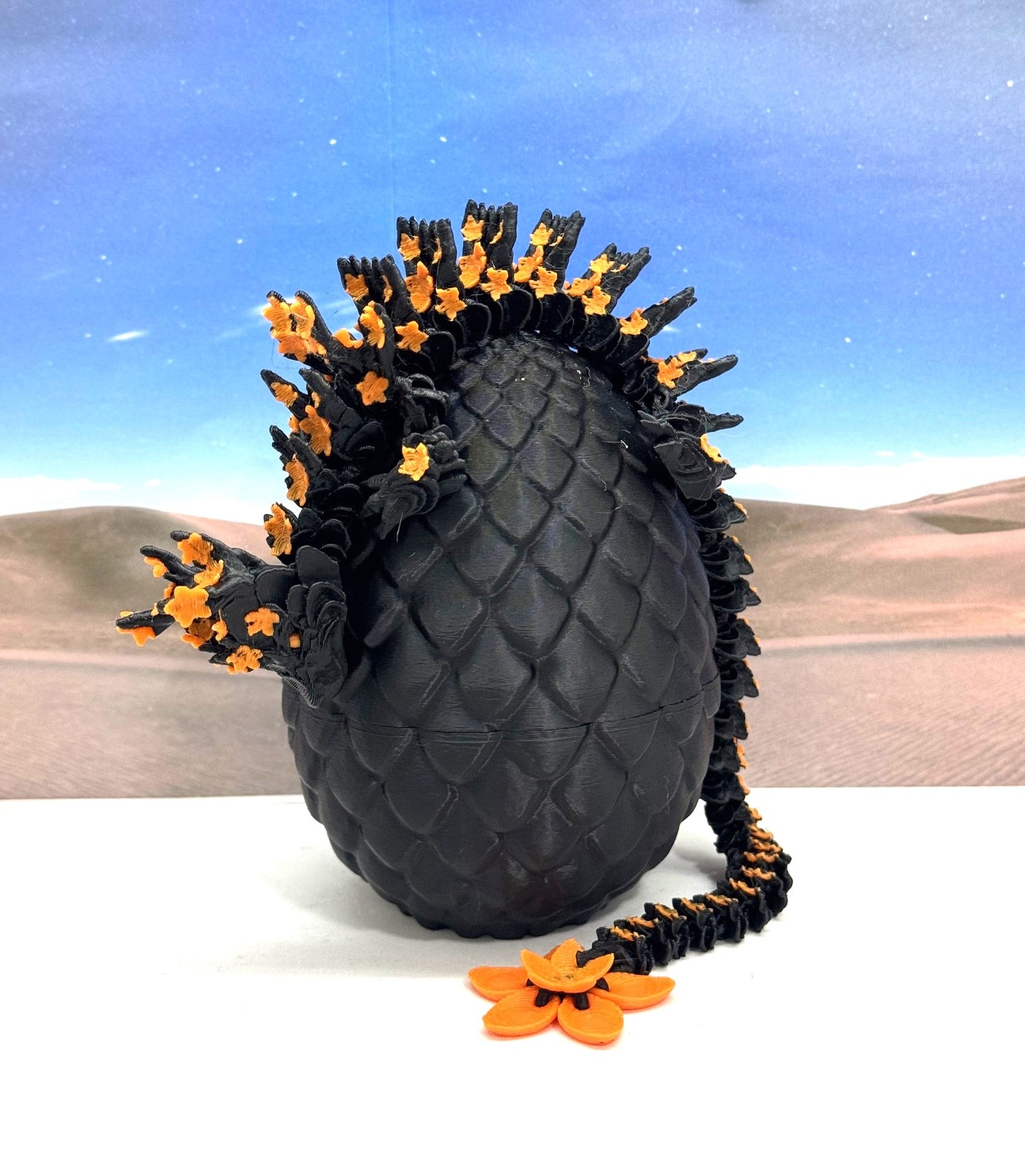 3D Printed Dragon with Dragon Egg, 12 Inches Black and Orange Cherry Blossom with Dragon Egg, Fidget ADHD Autism Sensory Toy D064-BE