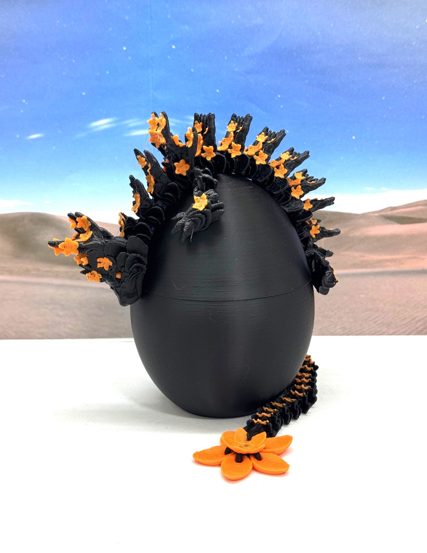 3D Printed Dragon with Dragon Egg, 12 Inches Black and Orange Cherry Blossom with Dragon Egg, Fidget ADHD Autism Sensory Toy D064-CLS