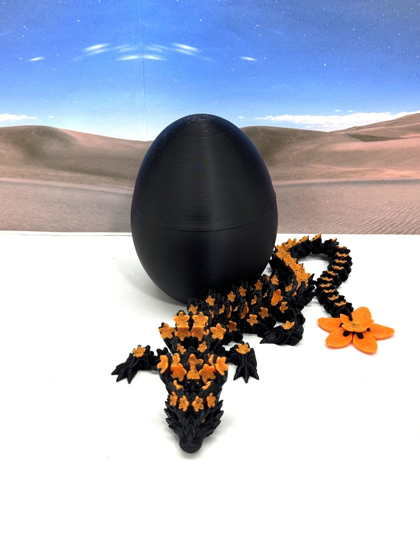 3D Printed Dragon with Dragon Egg, 12 Inches Black and Orange Cherry Blossom with Dragon Egg, Fidget ADHD Autism Sensory Toy D064-CLS