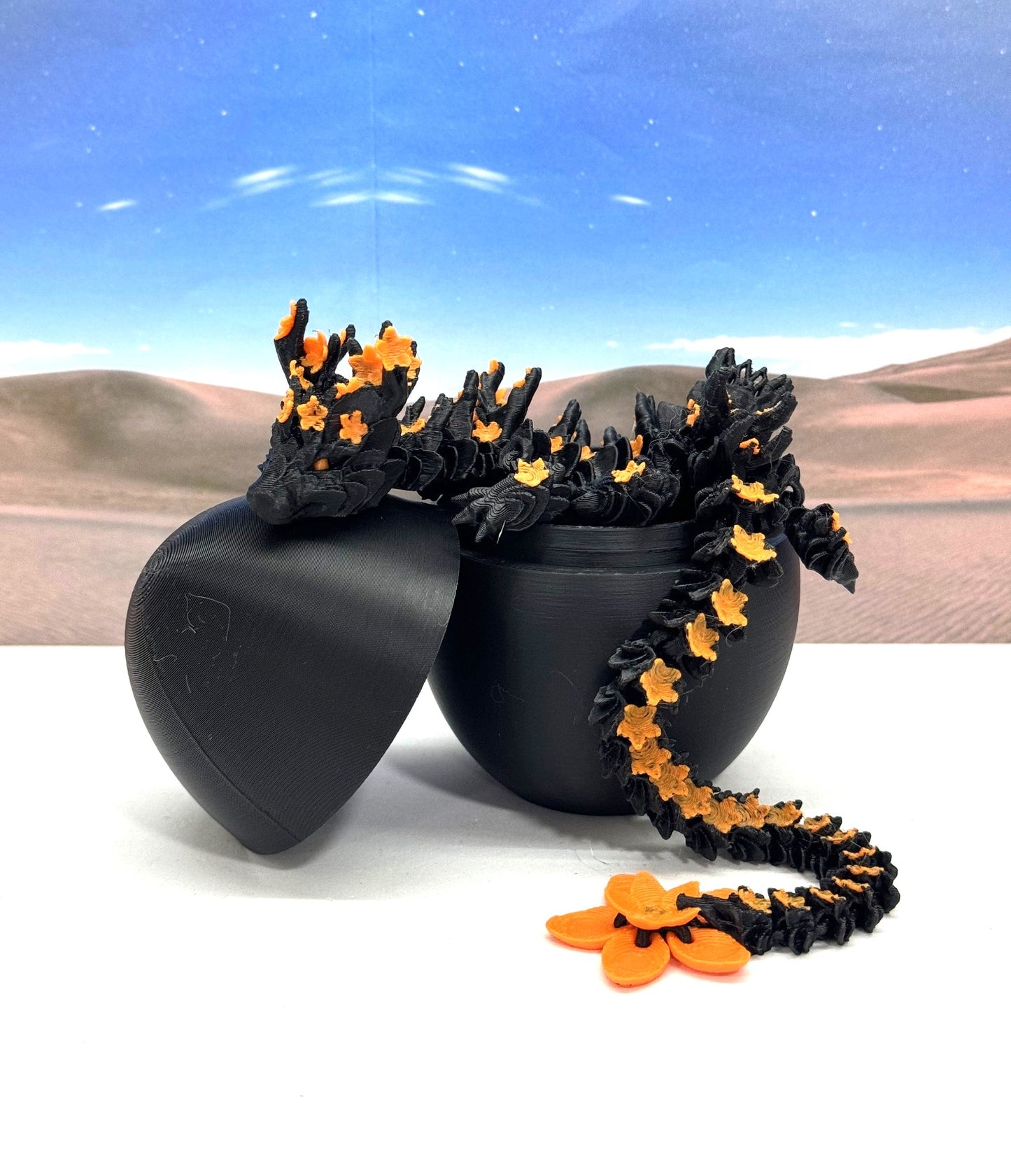 3D Printed Dragon with Dragon Egg, 12 Inches Black and Orange Cherry Blossom with Dragon Egg, Fidget ADHD Autism Sensory Toy D064-CLS