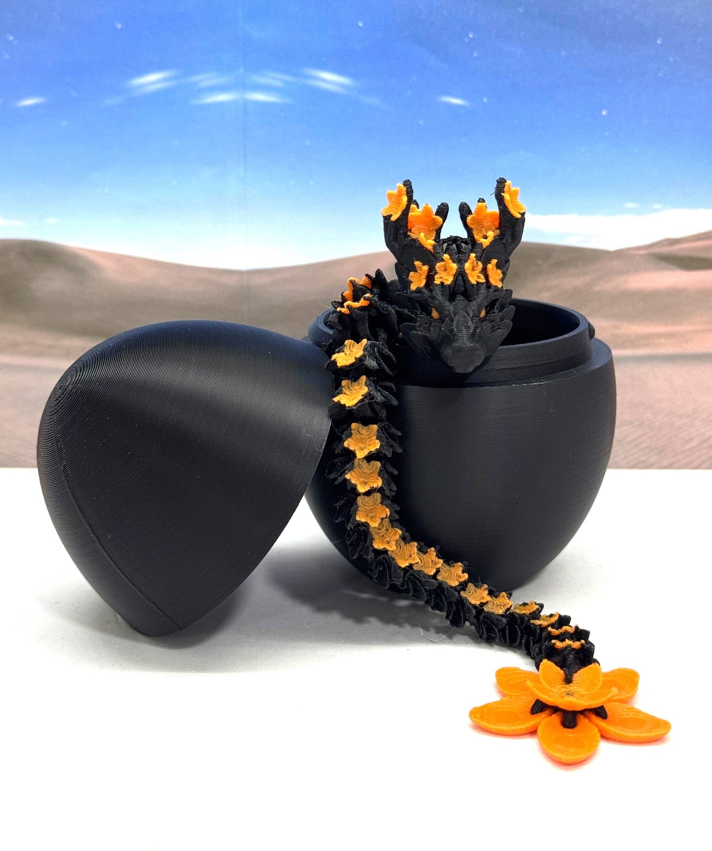 3D Printed Dragon with Dragon Egg, 12 Inches Black and Orange Cherry Blossom with Dragon Egg, Fidget ADHD Autism Sensory Toy D064-CLS