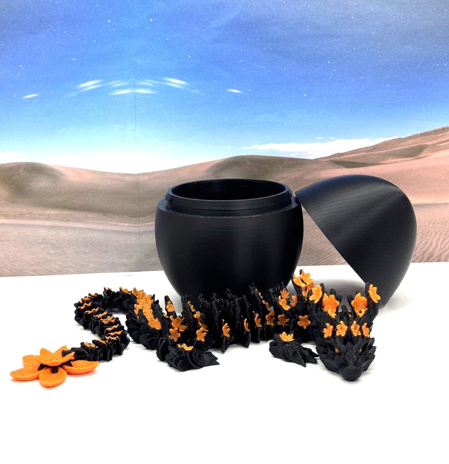 3D Printed Dragon with Dragon Egg, 12 Inches Black and Orange Cherry Blossom with Dragon Egg, Fidget ADHD Autism Sensory Toy D064-CLS