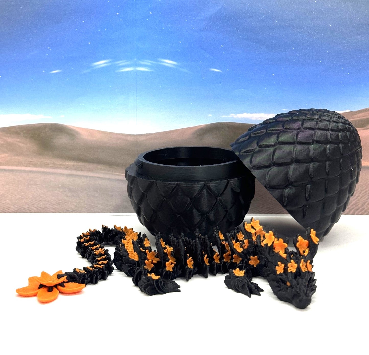 3D Printed Dragon with Dragon Egg, 12 Inches Black and Orange Cherry Blossom with Dragon Egg, Fidget ADHD Autism Sensory Toy D064-BE