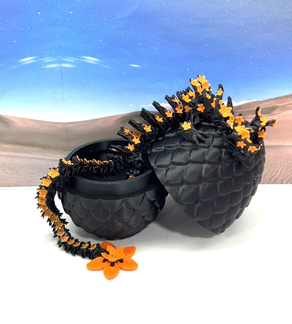 3D Printed Dragon with Dragon Egg, 12 Inches Black and Orange Cherry Blossom with Dragon Egg, Fidget ADHD Autism Sensory Toy D064-BE