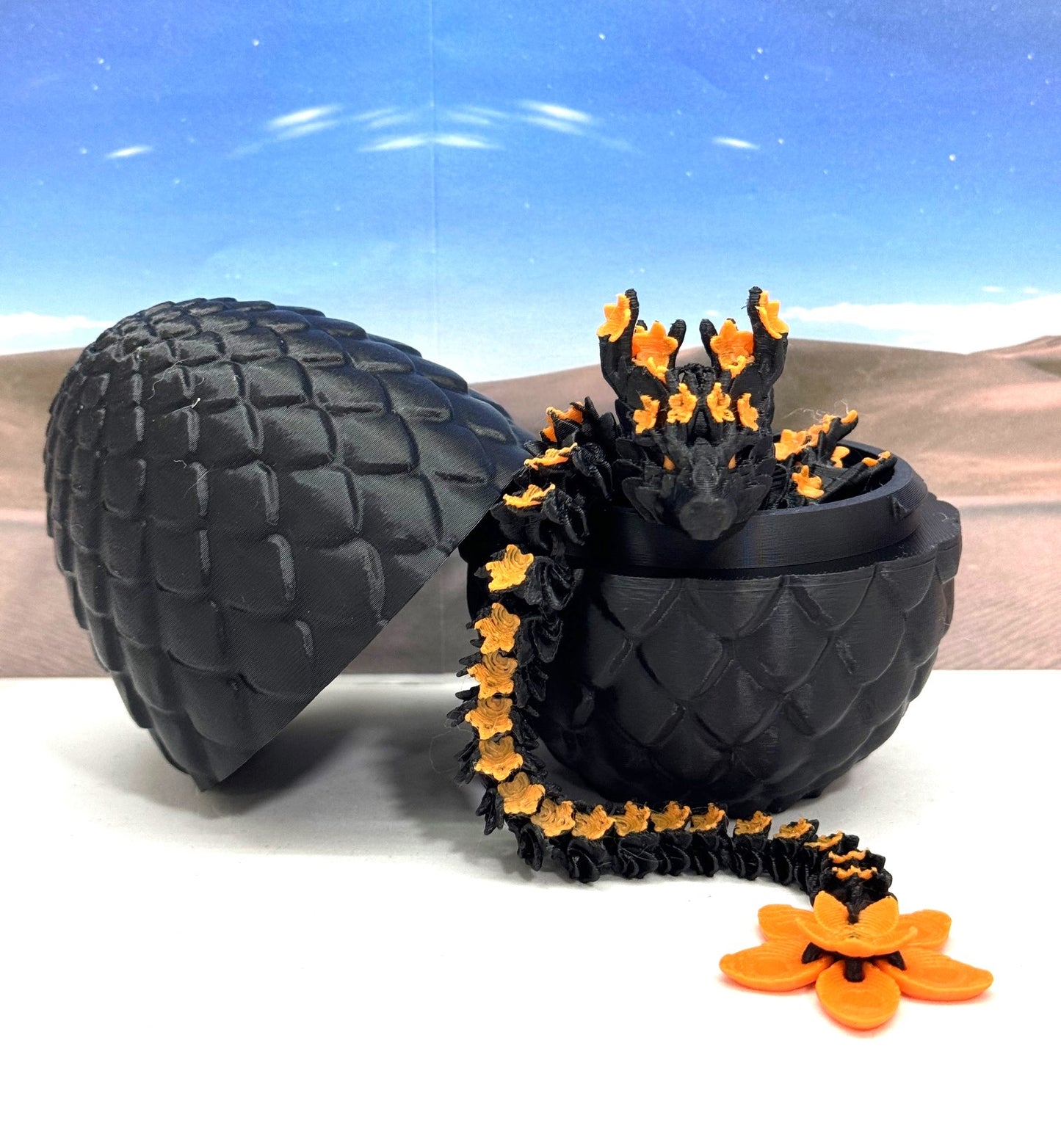 3D Printed Dragon with Dragon Egg, 12 Inches Black and Orange Cherry Blossom with Dragon Egg, Fidget ADHD Autism Sensory Toy D064-BE