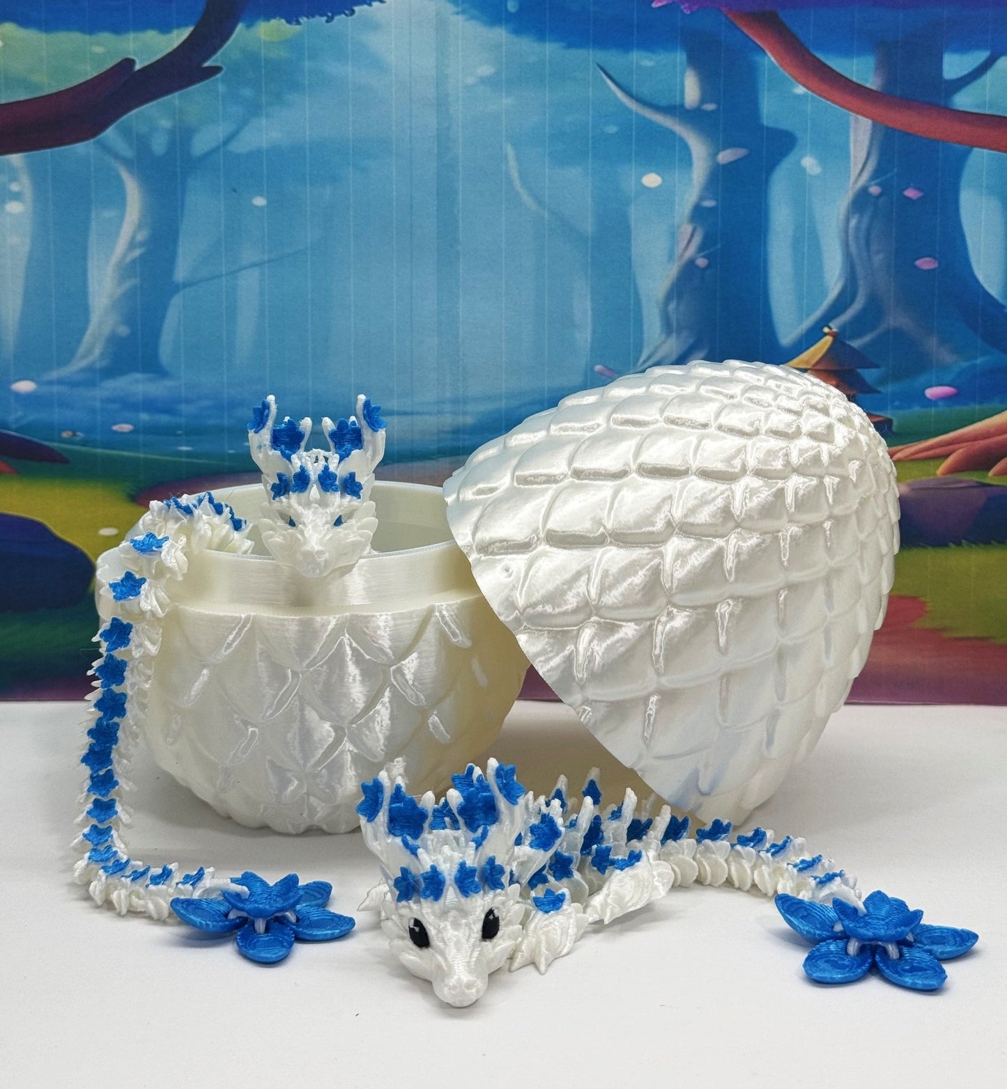 2pcs 3D Printed Dragons with Dragon Egg, Articulated White and Blue Cherry Blossom Dragons, 3D Printed Gift Birthday Party, Fidget ADHD Autism Toy MCD-017-004WB