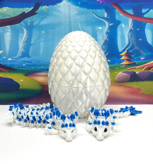 2pcs 3D Printed Dragons with Dragon Egg, Articulated White and Blue Cherry Blossom Dragons, 3D Printed Gift Birthday Party, Fidget ADHD Autism Toy MCD-017-004WB