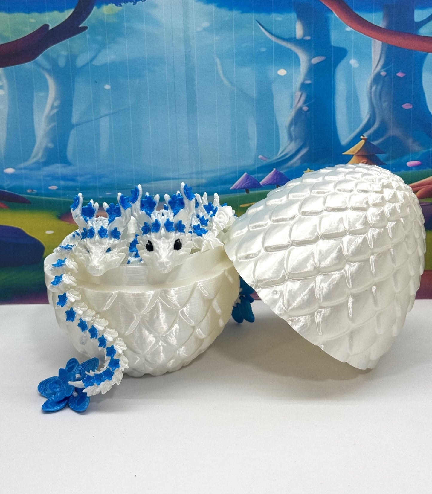 2pcs 3D Printed Dragons with Dragon Egg, Articulated White and Blue Cherry Blossom Dragons, 3D Printed Gift Birthday Party, Fidget ADHD Autism Toy MCD-017-004WB