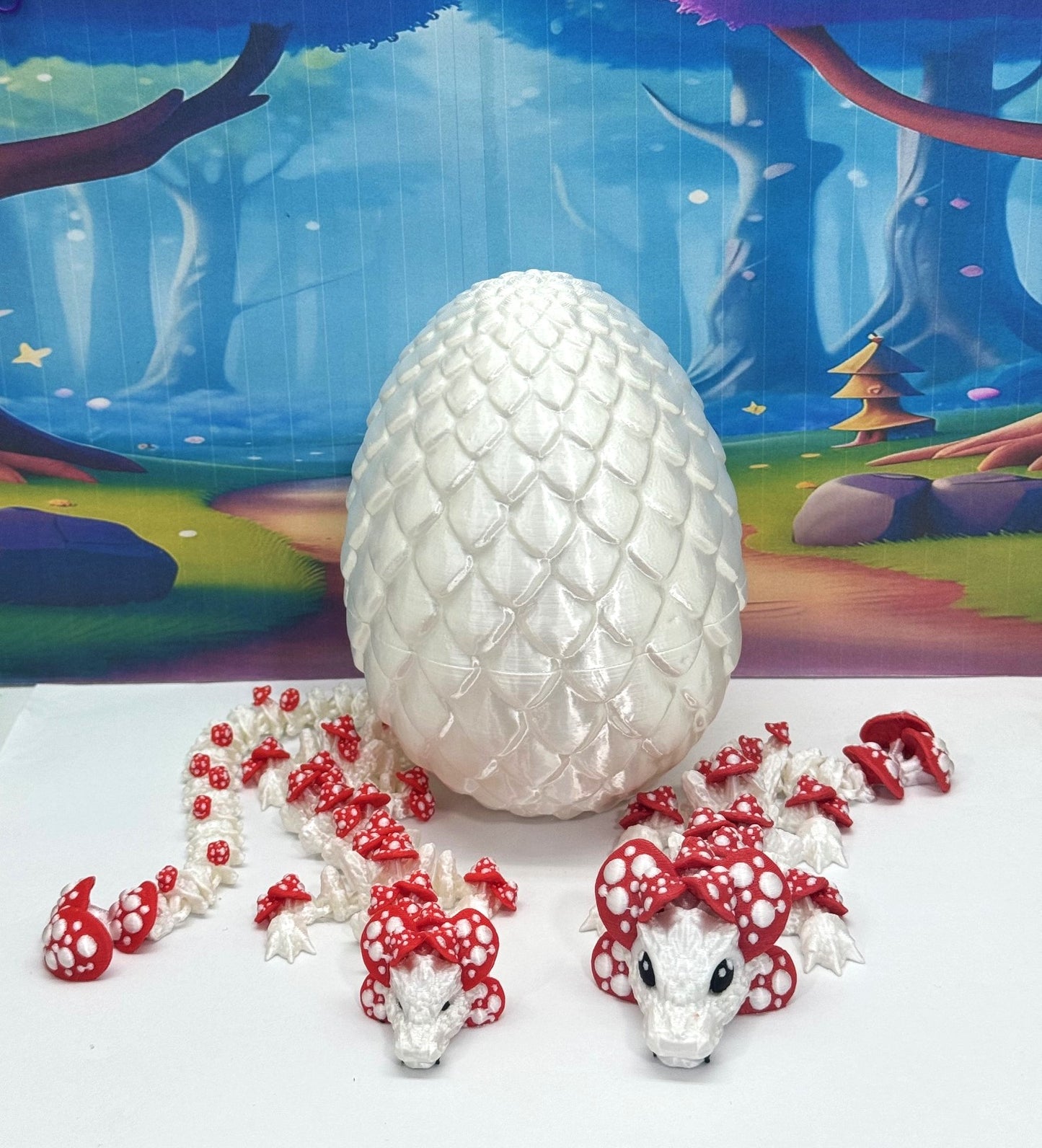 2pcs 3D Printed Dragons with Dragon Egg, Articulated Mother and Baby Mushroom Dragons, 3D Printed Red and White Dragons, Fidget ADHD Autism Toy MCD-036-006