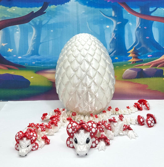 2pcs 3D Printed Dragons with Dragon Egg, Articulated Mother and Baby Mushroom Dragons, 3D Printed Red and White Dragons, Fidget ADHD Autism Toy MCD-036-006