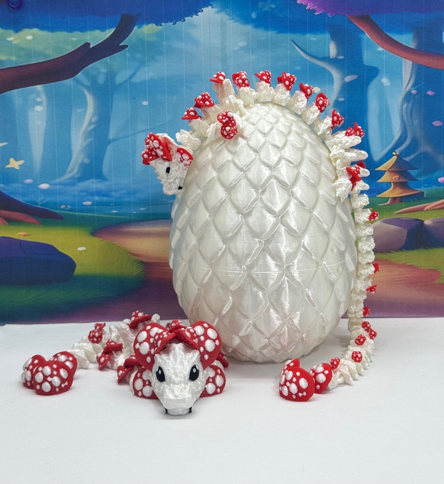 2pcs 3D Printed Dragons with Dragon Egg, Articulated Mother and Baby Mushroom Dragons, 3D Printed Red and White Dragons, Fidget ADHD Autism Toy MCD-036-006