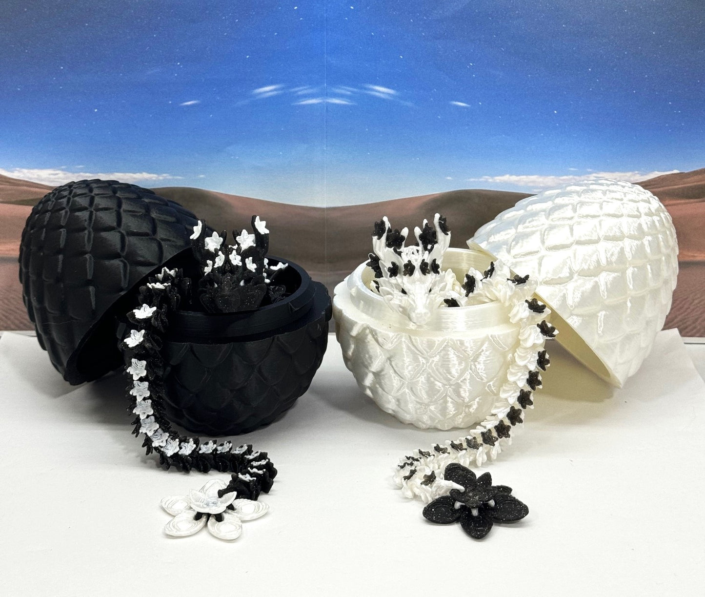 2pcs 3D Printed Dragons with Dragon Egg, Articulated White and Black Cherry Blossom Dragons, 3D Printed Gift Birthday Party, Fidget ADHD Autism Toy D019-D030