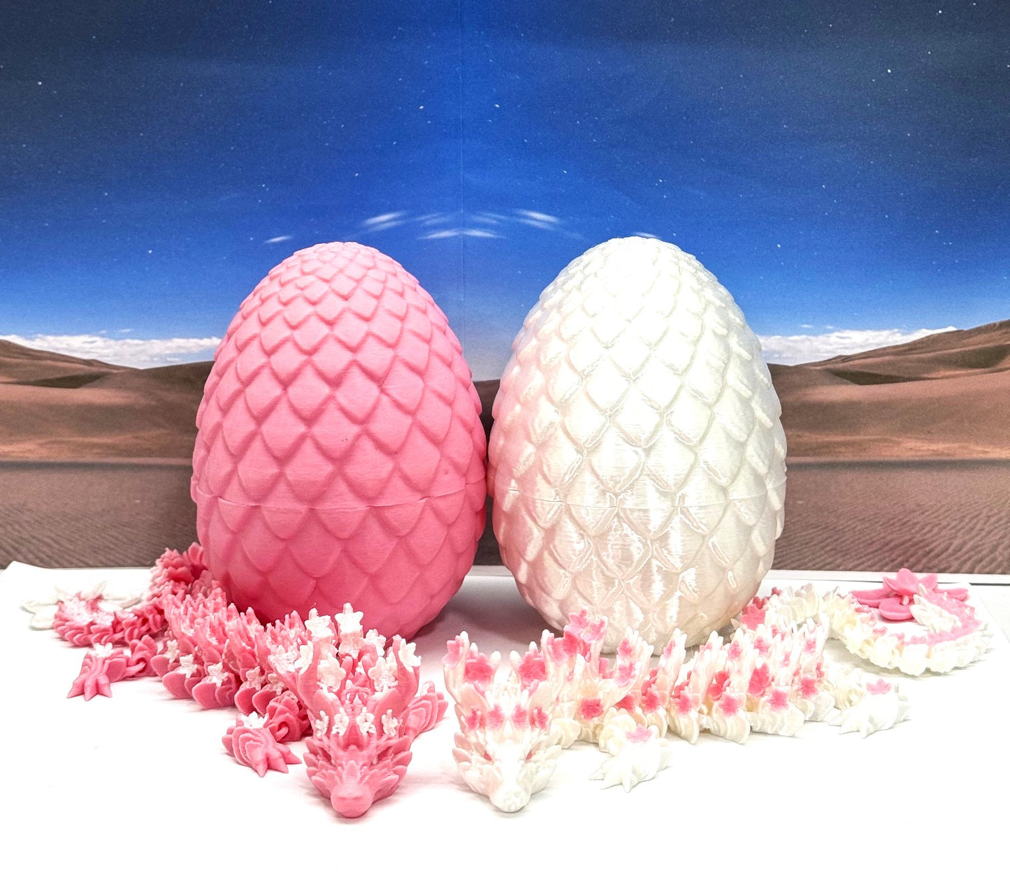 2pcs 3D Printed Dragons with Dragon Egg, Articulated White and Pink Cherry Blossom Dragons, 3D Printed Gift Birthday Party, Fidget ADHD Autism Toy D016-D023