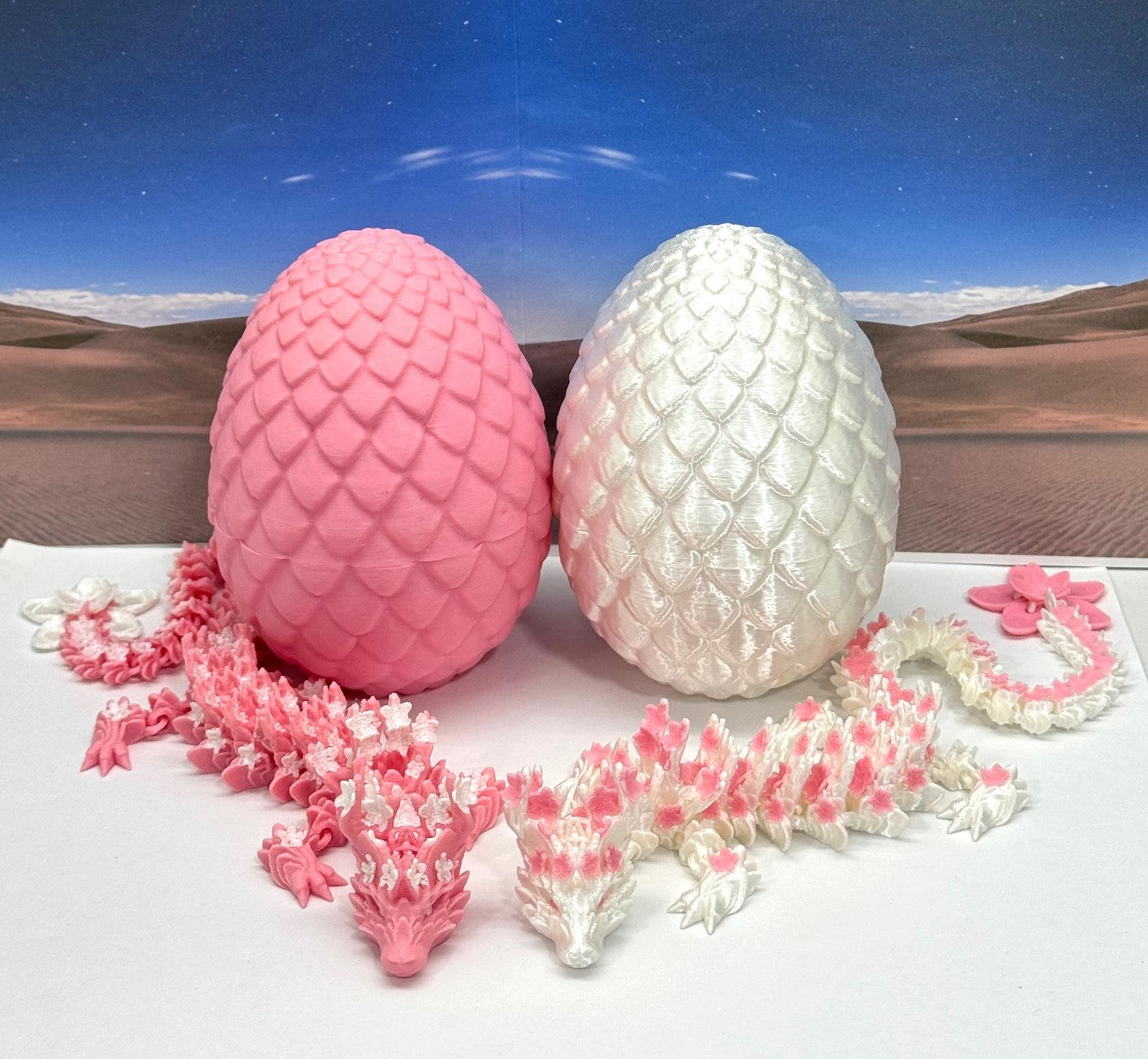 2pcs 3D Printed Dragons with Dragon Egg, Articulated White and Pink Cherry Blossom Dragons, 3D Printed Gift Birthday Party, Fidget ADHD Autism Toy D016-D023