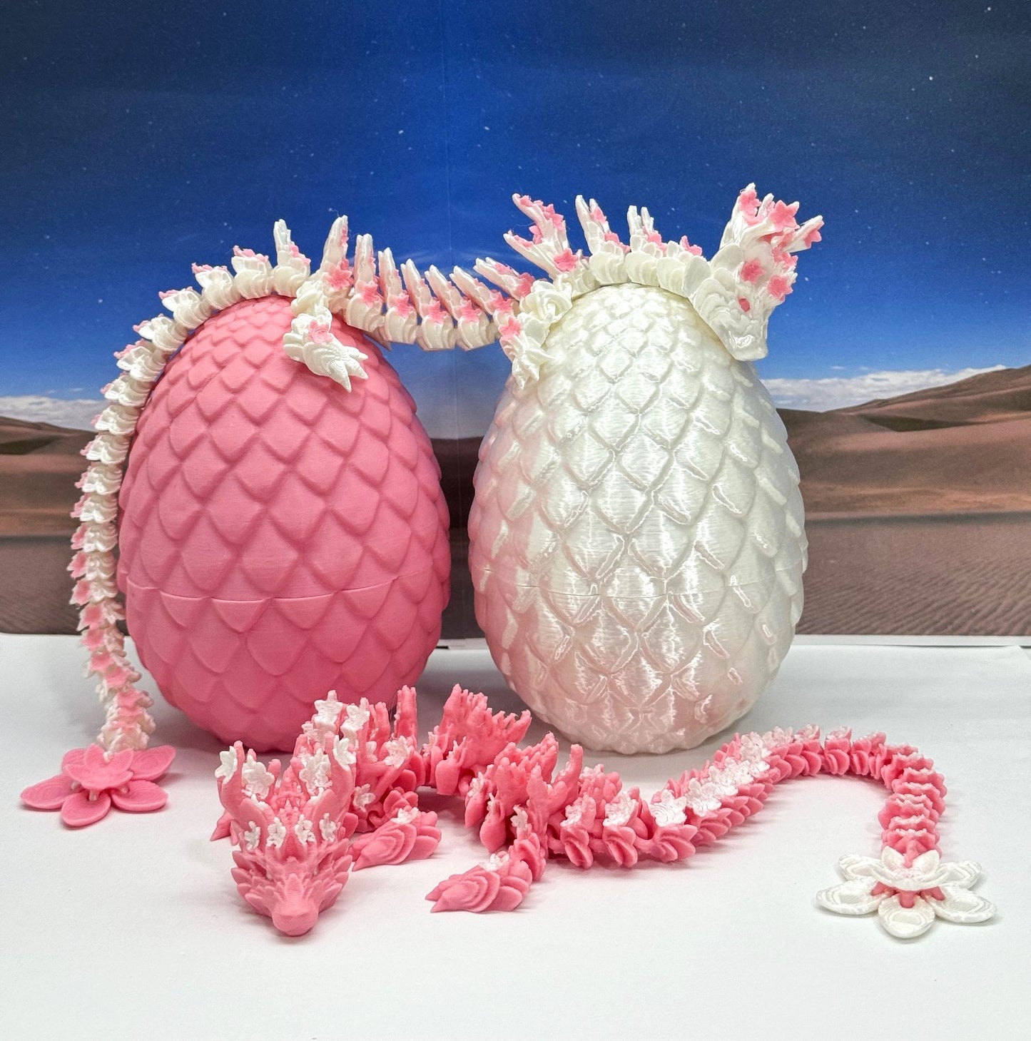 2pcs 3D Printed Dragons with Dragon Egg, Articulated White and Pink Cherry Blossom Dragons, 3D Printed Gift Birthday Party, Fidget ADHD Autism Toy D016-D023