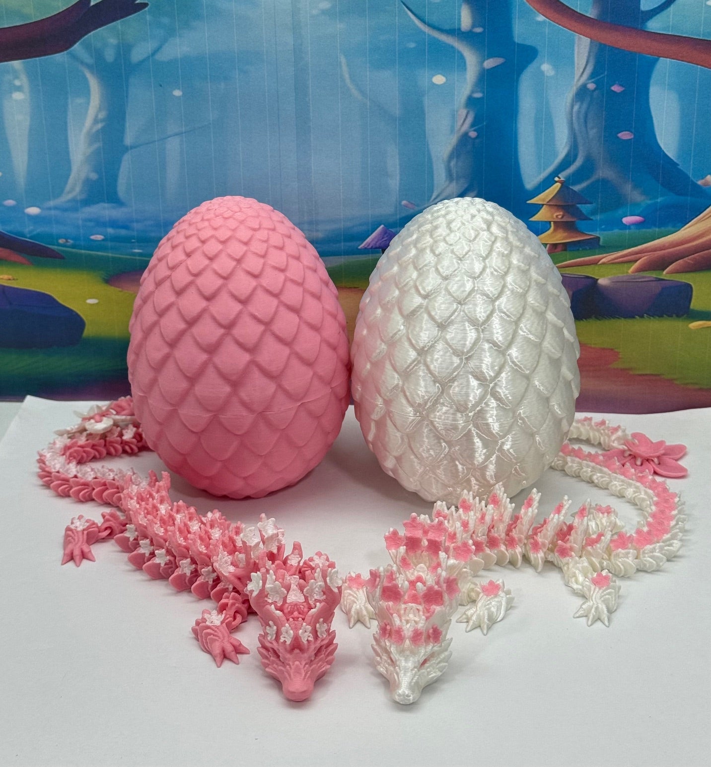 2pcs 3D Printed Dragons with Dragon Egg, Articulated White and Pink Cherry Blossom Dragons, 3D Printed Gift Birthday Party, Fidget ADHD Autism Toy D016-D023