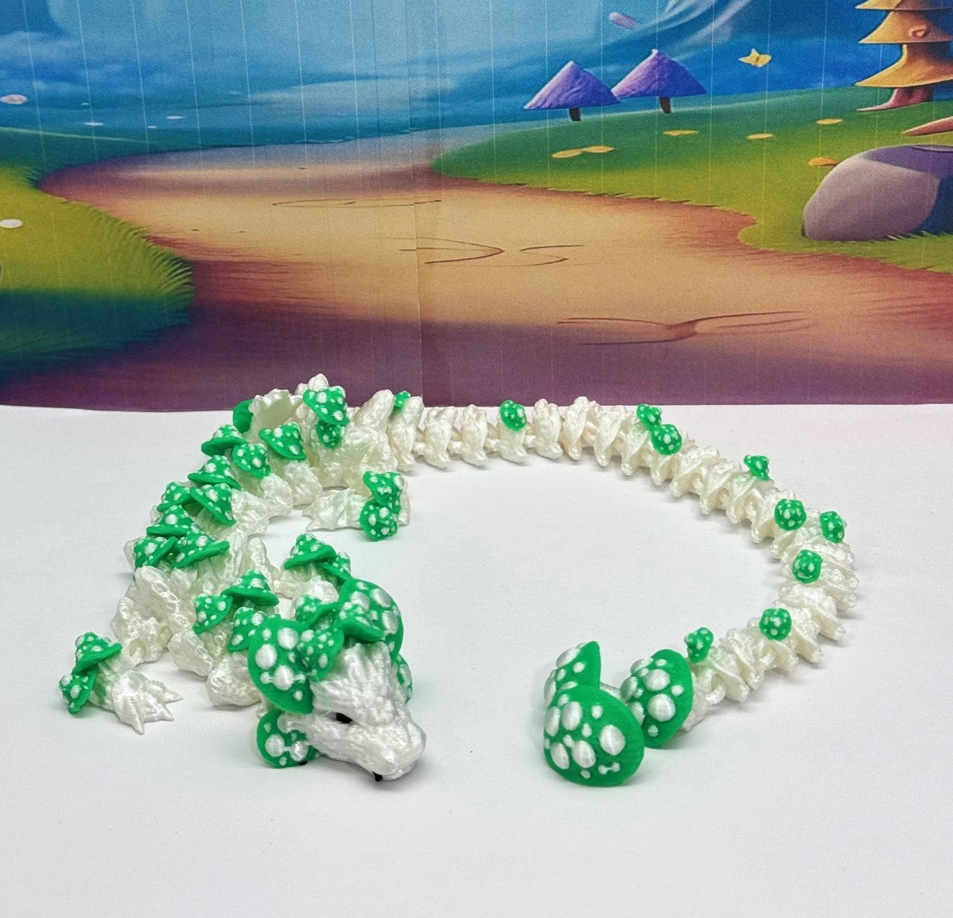 3D Printed Dragon with Dragon Egg , 12" Articulated White and Green Mushroom Dragon, Fidget Anxiety Toy, Executive Desk Toy D046WG