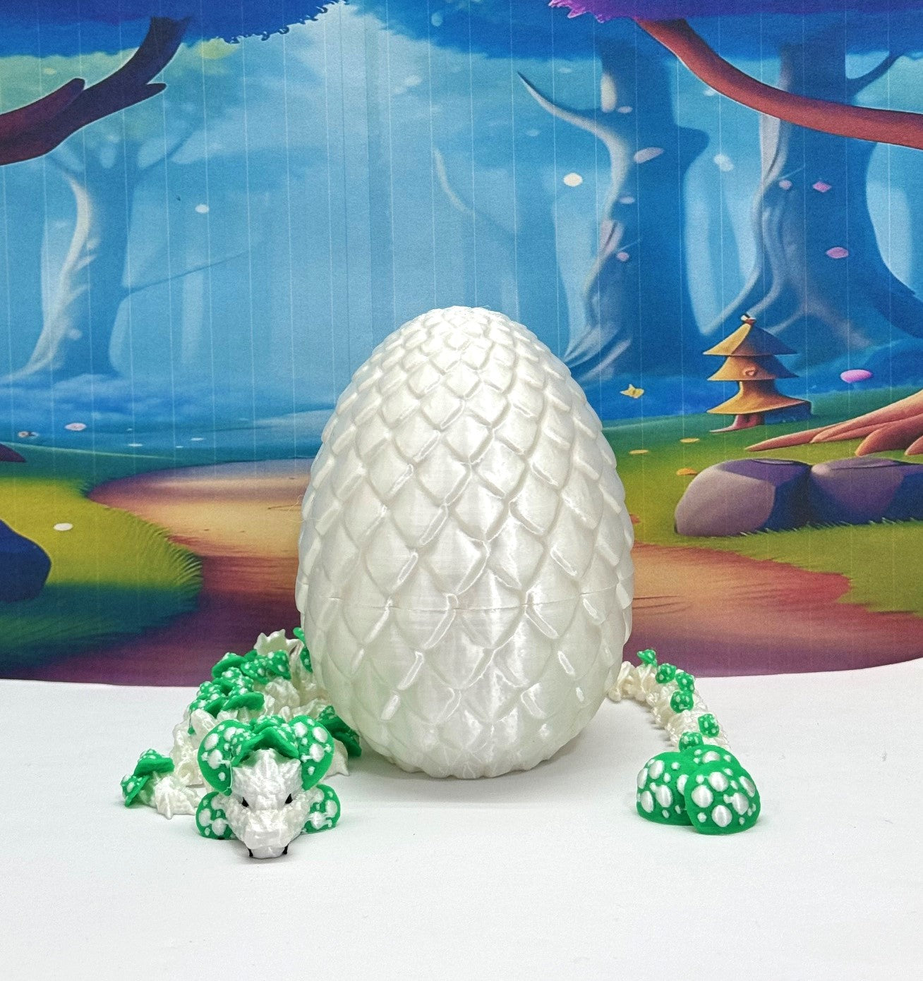 3D Printed Dragon with Dragon Egg , 12" Articulated White and Green Mushroom Dragon, Fidget Anxiety Toy, Executive Desk Toy D046WG