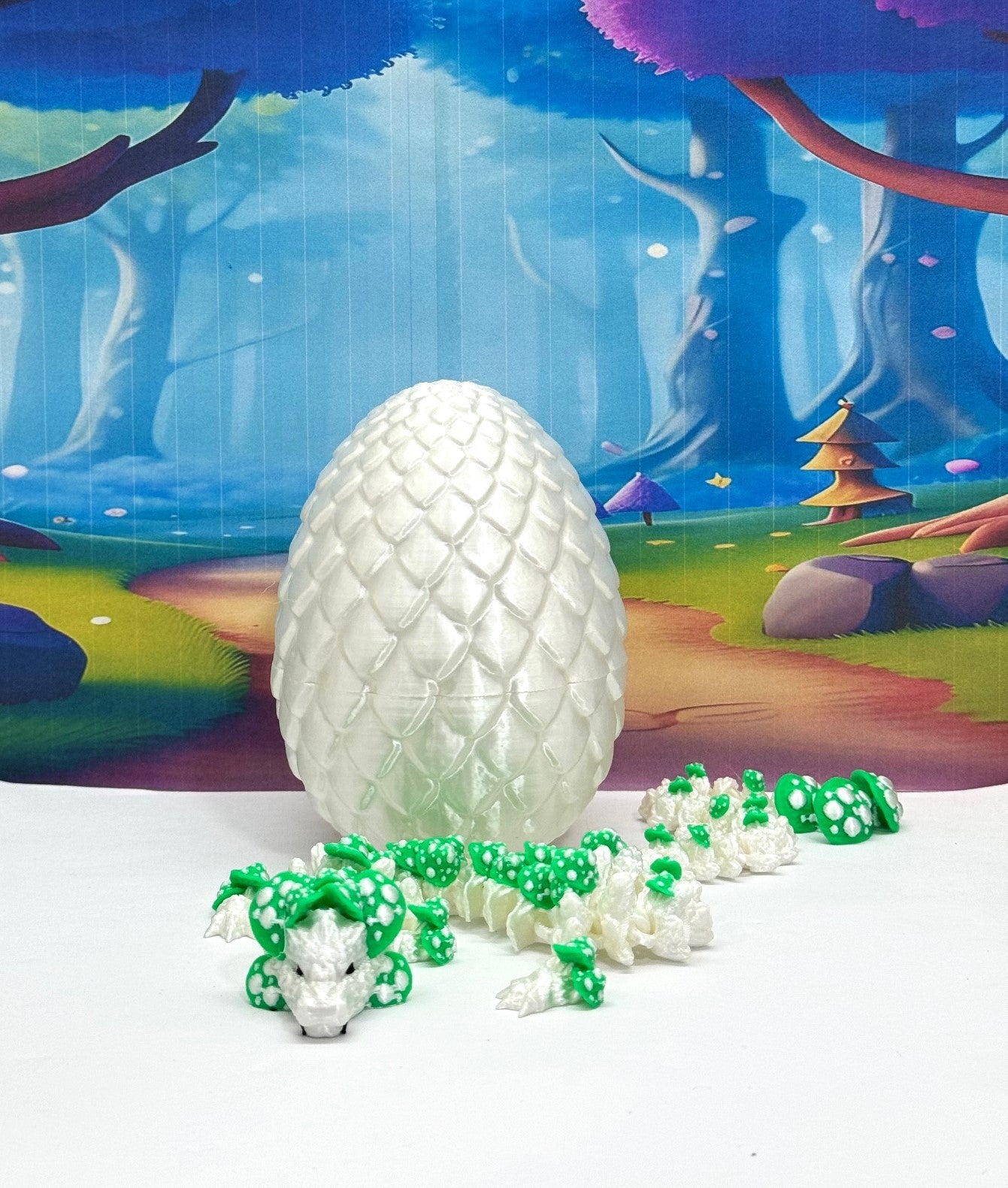 3D Printed Dragon with Dragon Egg , 12" Articulated White and Green Mushroom Dragon, Fidget Anxiety Toy, Executive Desk Toy D046WG