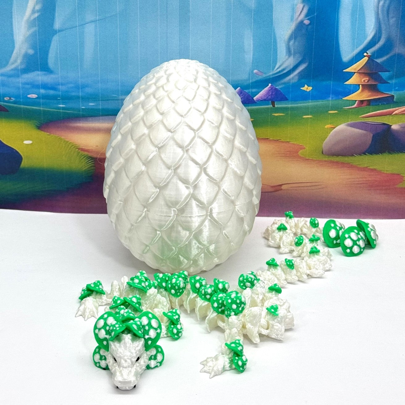 3D Printed Dragon with Dragon Egg , 12" Articulated White and Green Mushroom Dragon, Fidget Anxiety Toy, Executive Desk Toy D046WG