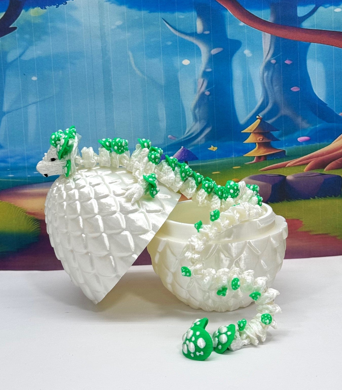 3D Printed Dragon with Dragon Egg , 12" Articulated White and Green Mushroom Dragon, Fidget Anxiety Toy, Executive Desk Toy D046WG