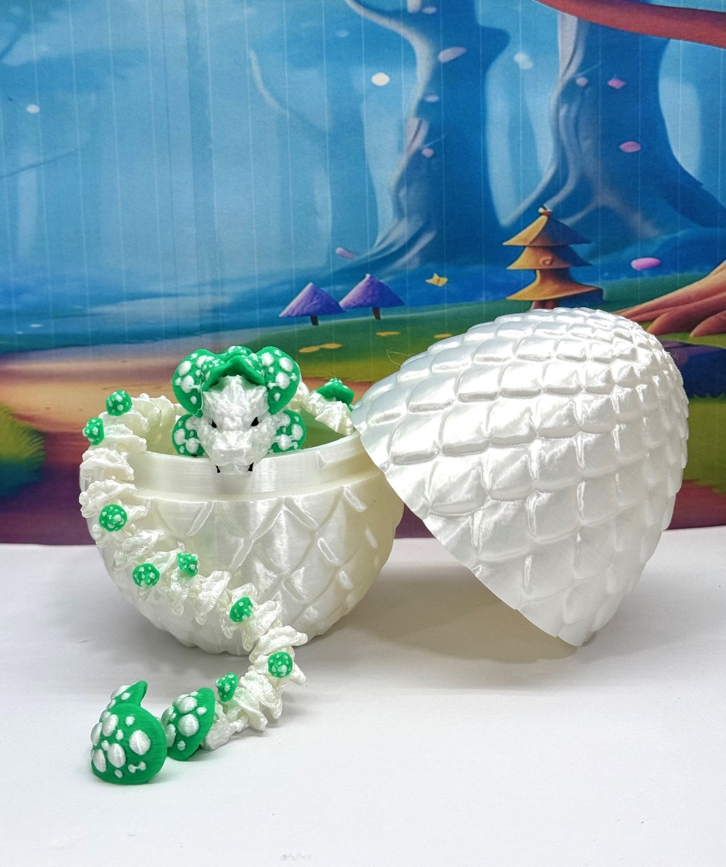 3D Printed Dragon with Dragon Egg , 12" Articulated White and Green Mushroom Dragon, Fidget Anxiety Toy, Executive Desk Toy D046WG