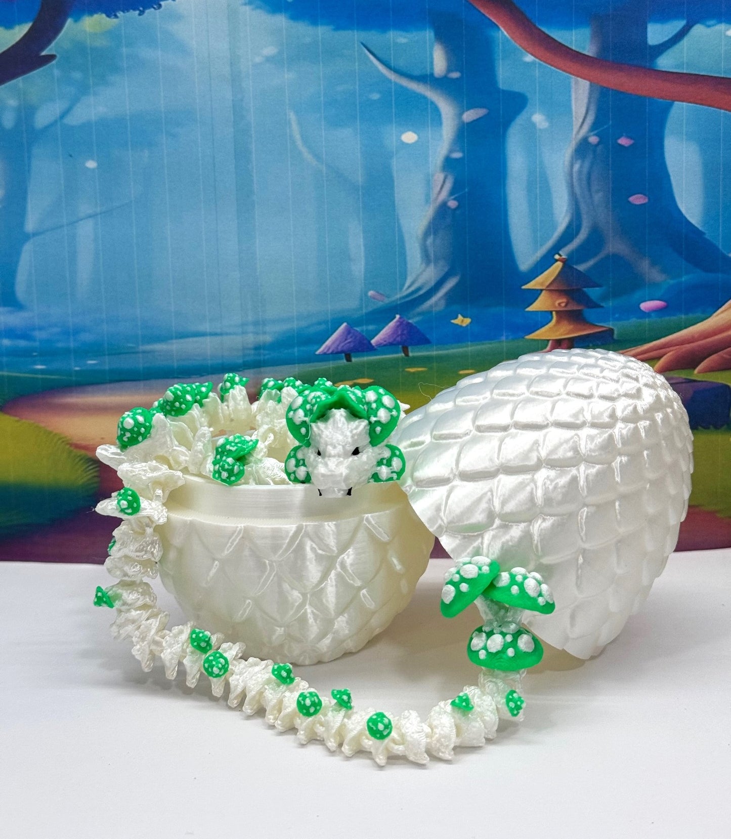 3D Printed Dragon with Dragon Egg , 12" Articulated White and Green Mushroom Dragon, Fidget Anxiety Toy, Executive Desk Toy D046WG