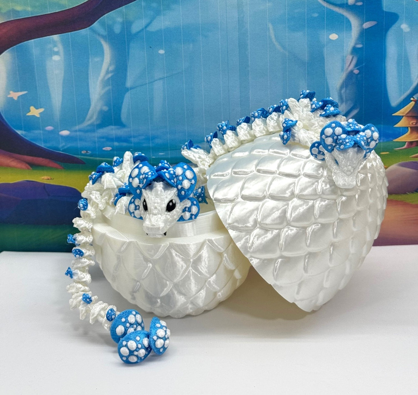 2pcs 3D Printed Dragons with Dragon Egg, Articulated Mother and Baby Mushroom Dragons, 3D Printed White and Blue Dragons, Fidget ADHD Autism Toy MCD-046-006WB