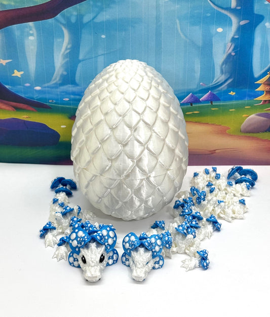 2pcs 3D Printed Dragons with Dragon Egg, Articulated Mother and Baby Mushroom Dragons, 3D Printed White and Blue Dragons, Fidget ADHD Autism Toy MCD-046-006WB