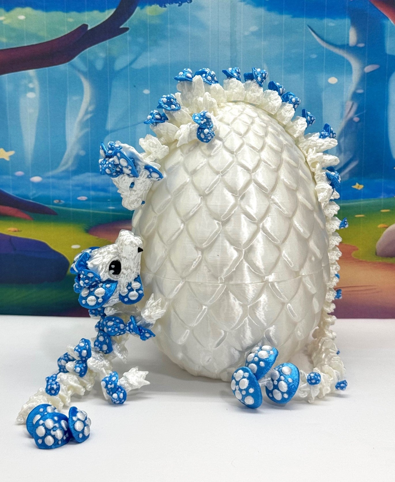 2pcs 3D Printed Dragons with Dragon Egg, Articulated Mother and Baby Mushroom Dragons, 3D Printed White and Blue Dragons, Fidget ADHD Autism Toy MCD-046-006WB