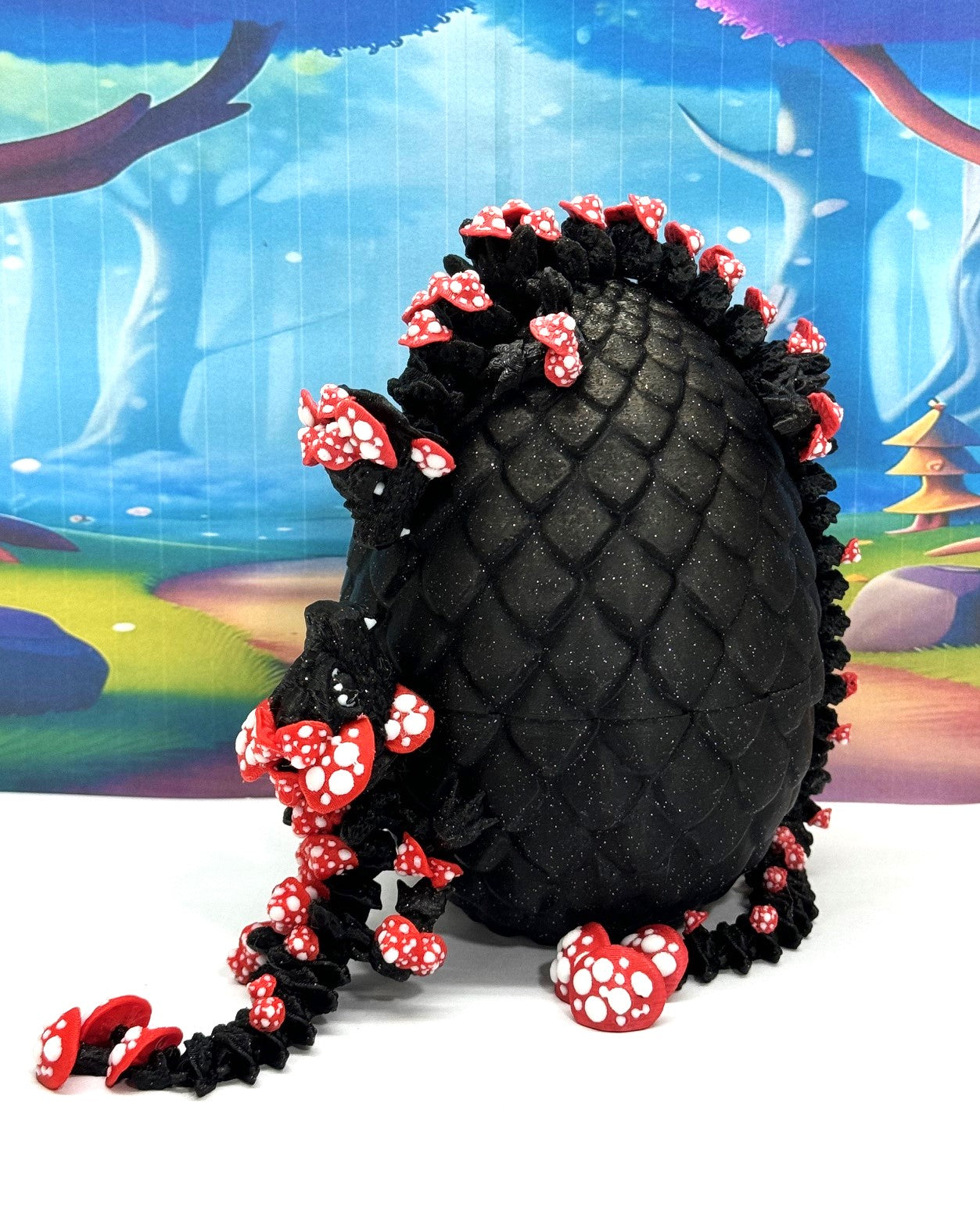 2pcs 3D Printed Dragons with Dragon Egg, Articulated Mother and Baby Mushroom Dragons, 3D Printed Black and Red Dragons, Fidget ADHD Autism Toy MCD-038-009